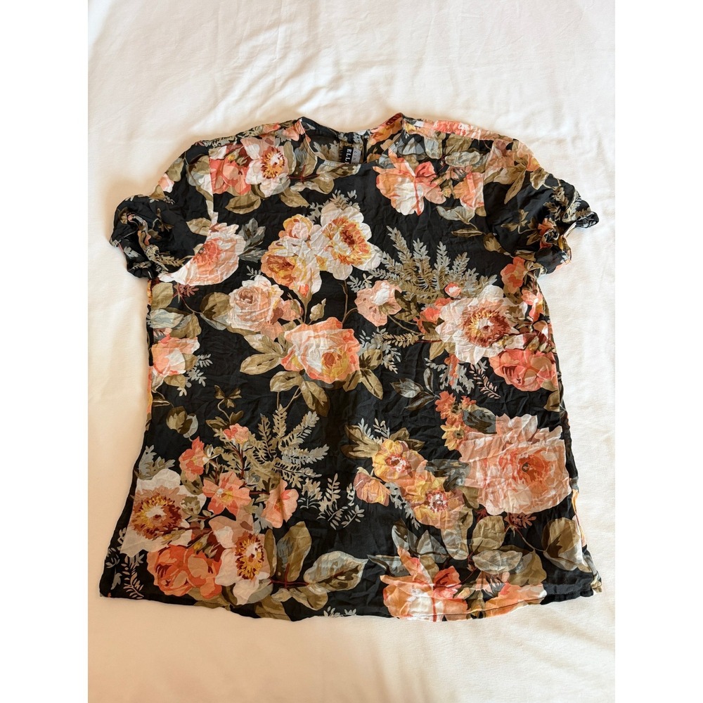 Linda Allard Ellen Tracy 100% Silk Floral Blouse Black Peach Short Sleeve Size 6 - Picture 2 of 7